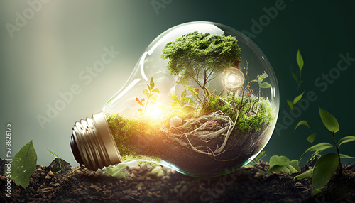 Erneuerbare Energien - Glühbirne Ökosystem und Sonne, Generative AI
