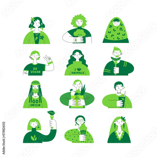 Vegan and plant-based people set. Healthy diet concept. Sustainable, cruelty-free, climate-friendly, meatless and dairy-free food. Vector flat illustration. Meat and animal protein replacement.
