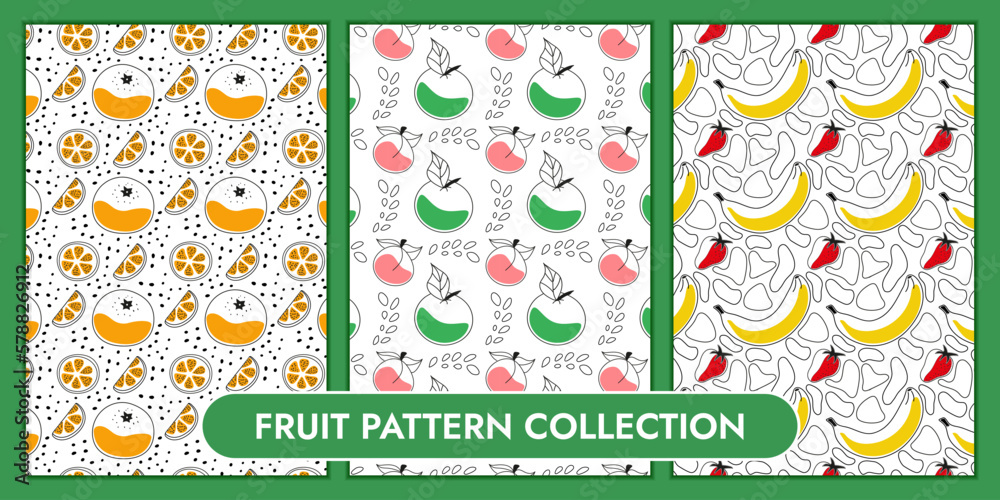 Set of Patterns with Fruits. Mandarin and citrus pieces. Apple and peach. Banana and strawberry. Summer collection of seamless food patterns. Wrapping. Outline images with color. Vector illustration.