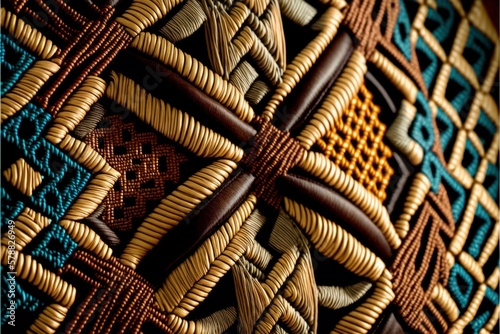 a close up of one of many colorful woven threads, in the style of dark turquoise and amber, intricate cut-outs, art of woven lace, rope texture background, traditional alpaca wool yarn, generative ai photo