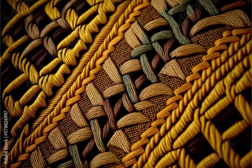 a close up of one of many colorful woven threads, in the style of dark turquoise and amber, intricate cut-outs, art of woven lace, rope texture background, traditional alpaca wool yarn, generative ai