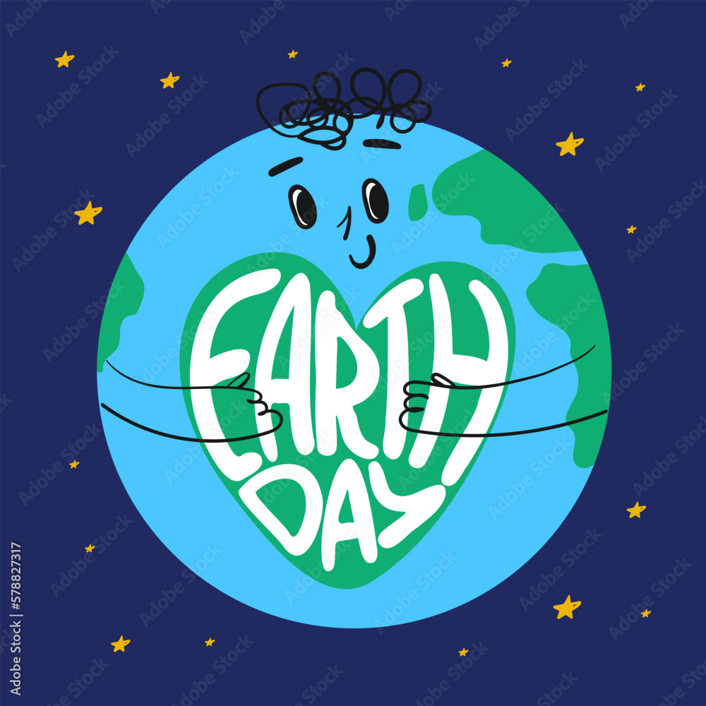 Earth day card with Earth globe character. Cute doodle planet with green heart and handwritten phrase. Save nature, eco friendly concept. Vector illustration Earth day card with Earth globe character. Cute doodle planet with green heart and handwritten phrase. Save nature, eco friendly concept. Vector illustration