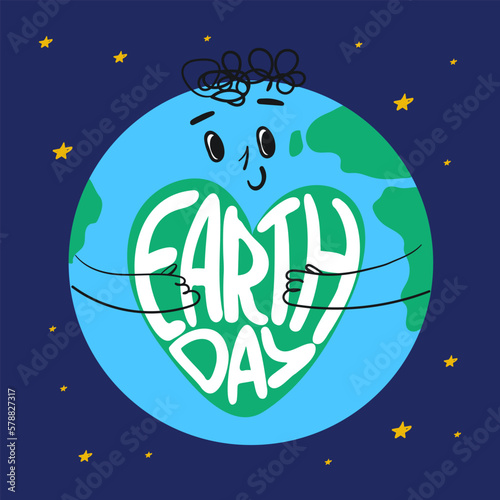 Earth day card with Earth globe character. Cute doodle planet with green heart and handwritten phrase. Save nature, eco friendly concept. Vector illustration