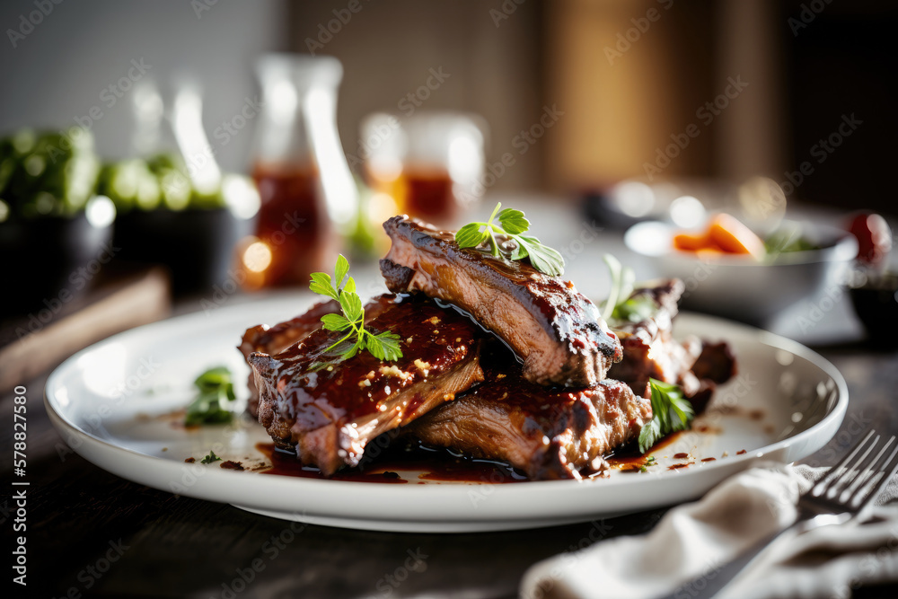 A plate of smoked pork ribs with sauce