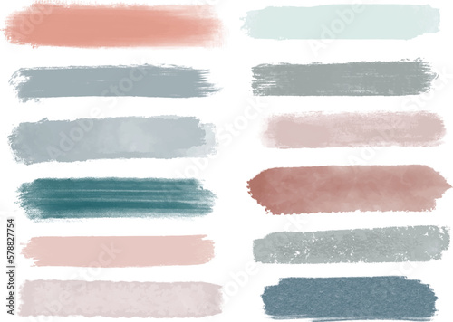 Set of different paint brush strokes in pastel colors. Artistic design elements, grungy and watercolor background vector illustration