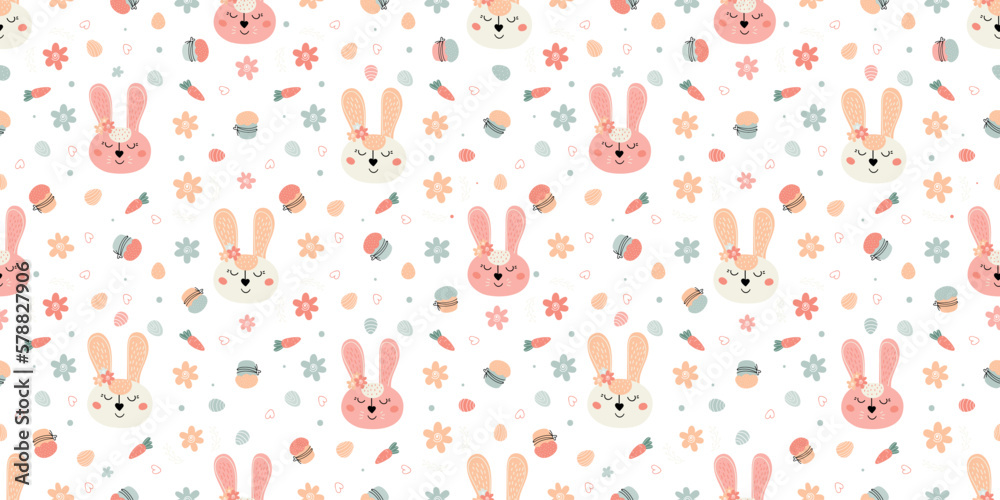 Easter festive seamless pattern with rabbits, cakes, eggs, willow