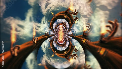 Giant hands with flame on a field ancient temple of fire