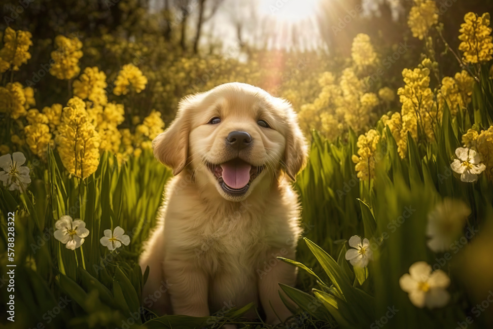 Golden retriever puppy. generative ai. Spring dog portrait. Portrait of a golden retriever dog Golden retriever puppy. generative ai. Spring dog portrait. Portrait of a golden retriever dog