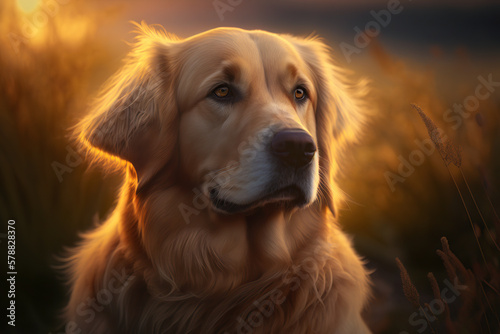 Golden retriever. generative ai. Summer sunset dog portrait. Portrait of a golden retriever dog