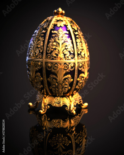 A stunning Faberge egg crafted from pure gold with intricate royal purple details  showcasing exceptional craftsmanship. Generative AI.