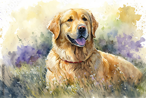 Golden retriever. generative ai. Watercolor spring dog portrait. Portrait of a golden retriever dog