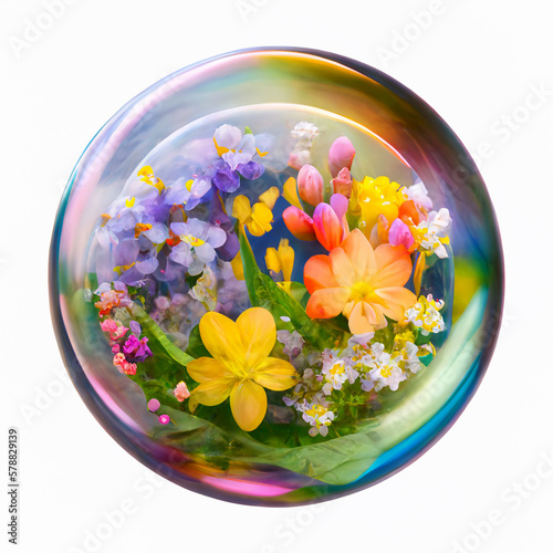 Beautiful spring flowers in a soap bubble