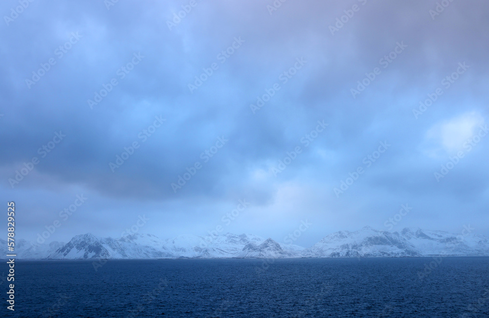 Winter stormy light in Lofoten Archipelago, Norway, Europe