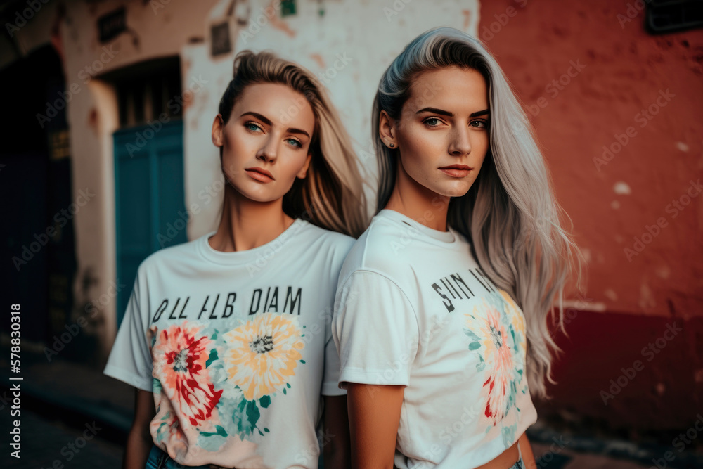 Portrait of two beautiful urban hipster style girls in flowery t-shirts in  the street. Casual wear, Girl friends or sisters enjoying free time in  spring. Illustration. Generative AI Stock Illustration