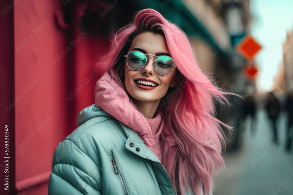 Beautiful young woman with pink hair ,wearing sunglasses smiling carefree on a colorful city street. Illustration. Generative AI