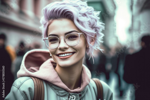 Beautiful Teenager in the street smiling at the camera dressed in urban and comfortable clothes and colored hair. Student. Millennial Generation. Illustration. Generative AI