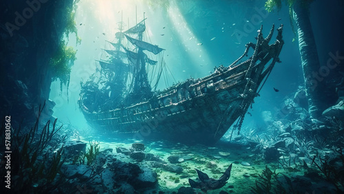 Canvas Print Shipwreck underwater, derelict wreck of old sailing ship under water, generative AI