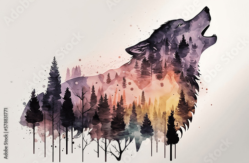 abstract background of a wolf and a forest, created with generative AI