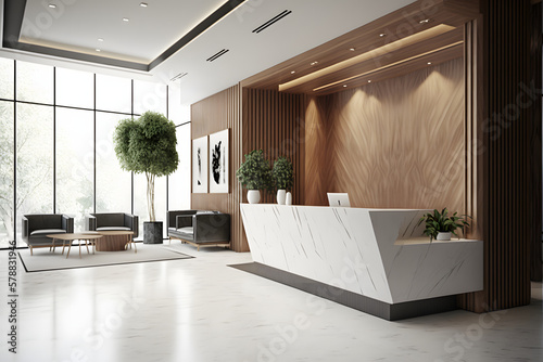 Interior design of a beautiful elegance reception area with luxury white marble counter and wall.