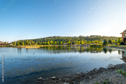 An outdoor free concert at the small lake in the public Riverstone Park in Coeur d'Alene, Idaho, USA	 photo