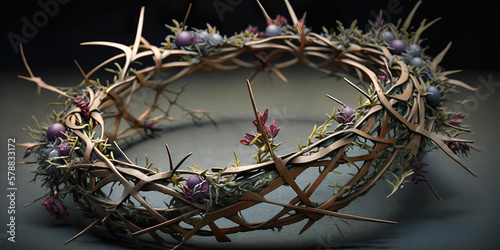 The crown of thorns of Jesus on dark background. Easter concept. Banner. Generated AI.