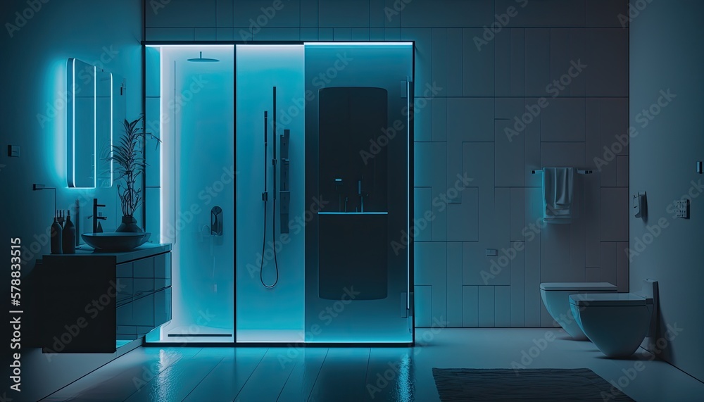 A minimalist and futuristic bathroom with a floating vanity, glass ...