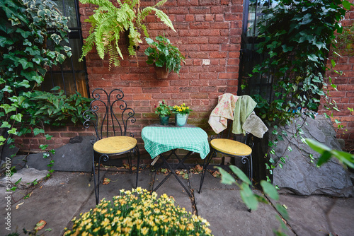 A secret little cafe spot next to a brownstone building in Brooklyn, New York City photo