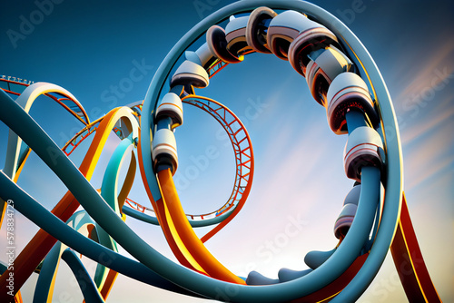 A picture of a rollercoaster or other thrill ride, with loops, drops, and twists that convey a sense of excitement and adrenaline. Generative AI technology	
 photo