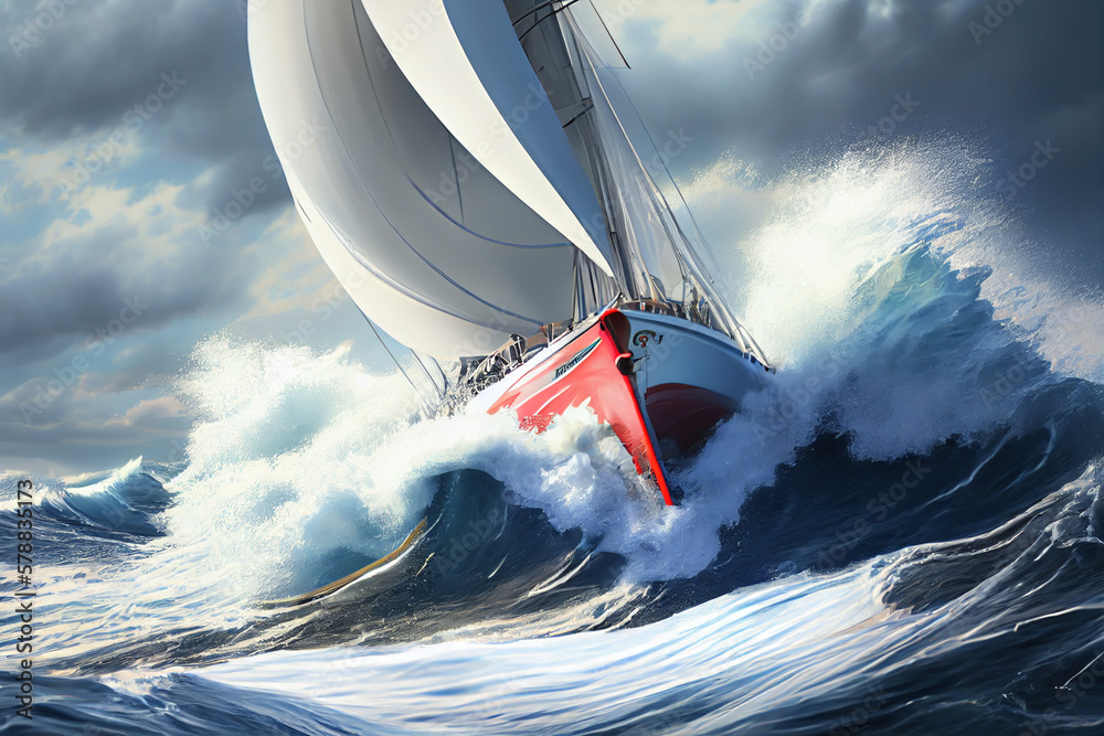 racing yacht or sailboat, with wind-filled sails and crashing waves that convey a sense of adventure and excitement. Generative AI technology	
 - obrazy, fototapety, plakaty 