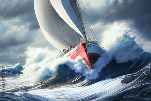 Fotografia racing yacht or sailboat, with wind-filled sails and crashing waves that convey a sense of adventure and excitement
