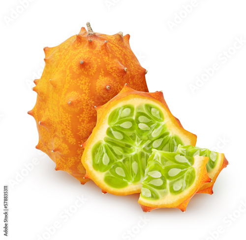 Isolated kiwanos. Whole kiwano melon fruit with slice and pieces isolated on white background with clipping path
