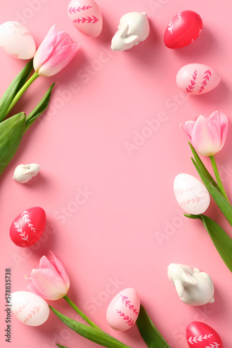 Happy Easter poster design, vertical banner template. Frame made of Easter eggs, rabbits, tulips on pink background.