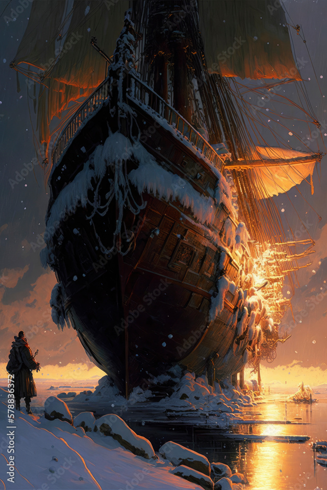 Burning pirate ship after the war fight ,made with Generative AI - obrazy, fototapety, plakaty 