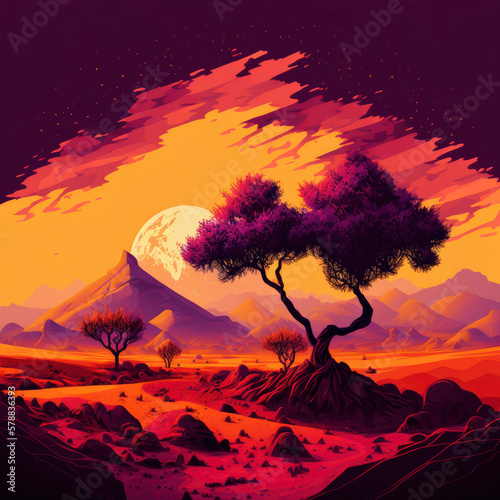Purple glowing alien trees on surface of a planet  made with Generative AI