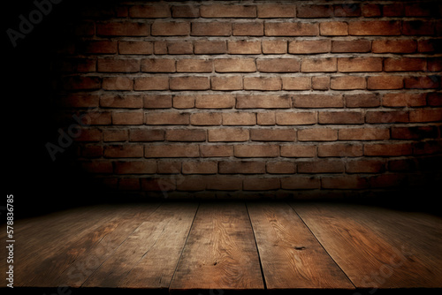 Background for still life and other compositions  an empty rustic brown wooden table against a brick wall  made with Generative AI