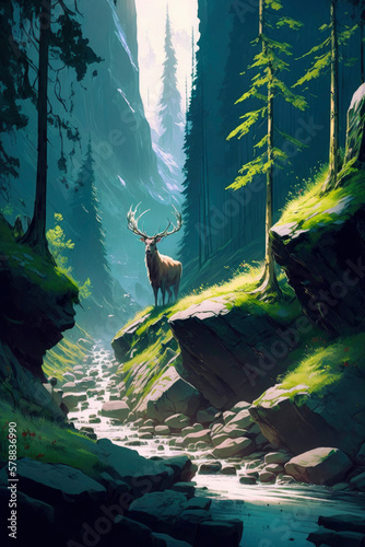 Stag with big antlers in the mystical forest ,made with Generative AI