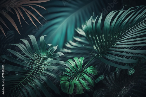 green palm leaves tropical background. Illustration AI Generative