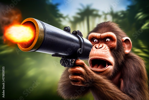 Monkey with bazooka a shots. Bazooka in hands of evil monkey. Evil and comical monkey holds a bazooka in his hands and shoots, Fire from a bazooka in monkey's hand. Machine gun shooting, Generative AI