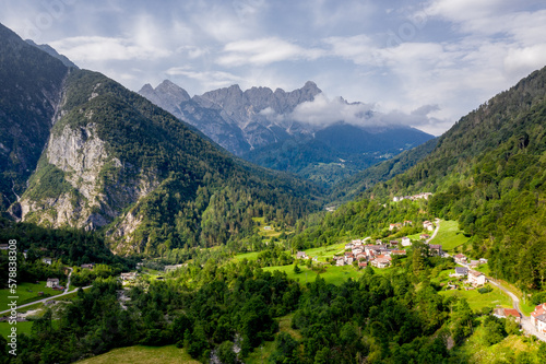 an aerial view of the village of Golsado in the Bellunesi Dolomites region