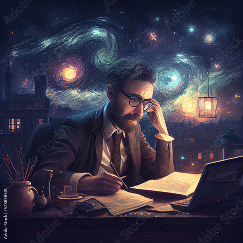 Man Working in Cafe Under the Night Sky, 4k, Painting