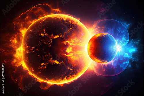 Burning plasma of glowing star planets orbiting sun. 