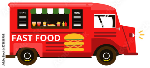 Red fast food truck. Street tasty meal icon