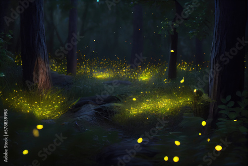 Fireflies in the forest at night.