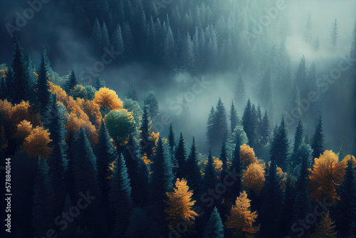 Aerial view of foggy autumn coniferous forest landscape.