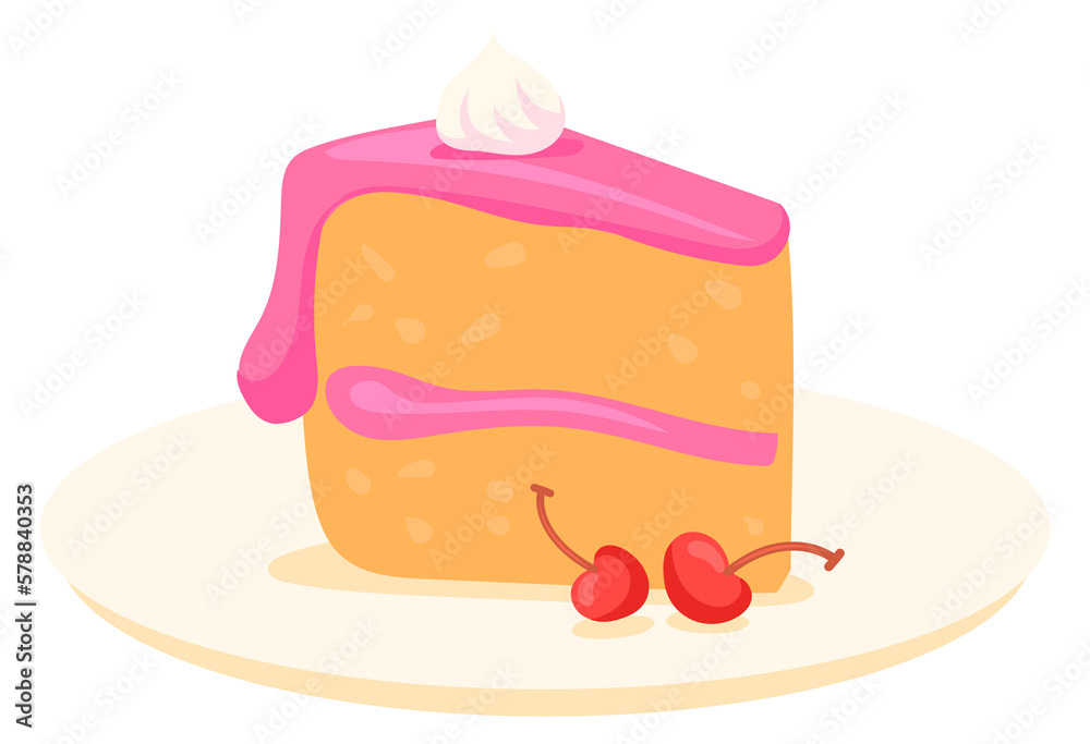Tasty cake slice on plate. Sweet dessert icon Tasty cake slice on plate. Sweet dessert icon