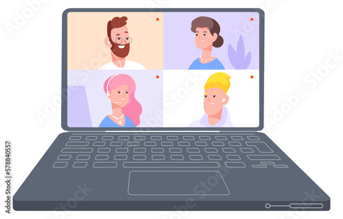 People on laptop screen. Video chat call app