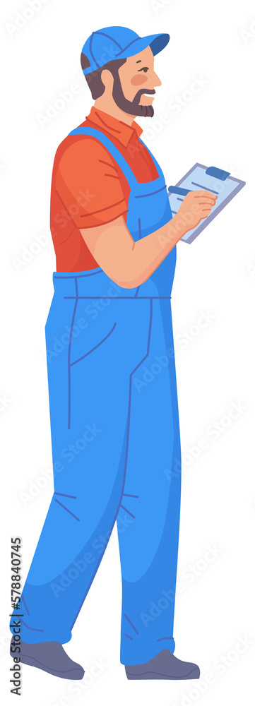 Man in work uniform holding paper document. Service contract deal Man in work uniform holding paper document. Service contract deal