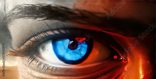 big eye, close up in the desert, blue iris, red shimmer through the desert