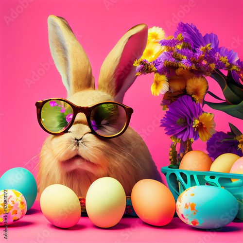 An Easter bunny wearing sunglasses, surrounded by colorful eggs and blooming flowers. Perfect for Easter cards, marketing campaigns, and social media posts. Generative AI illustration