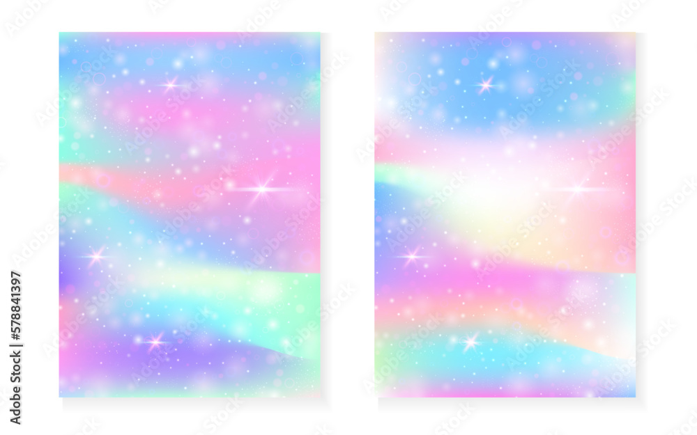 Unicorn background with kawaii magic gradient. Princess rainbow hologram.